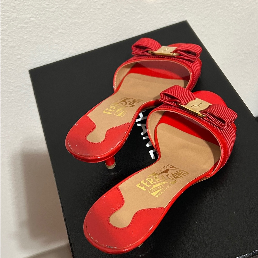 Salvatore Ferragamo Red Heeled Sandals with Bow